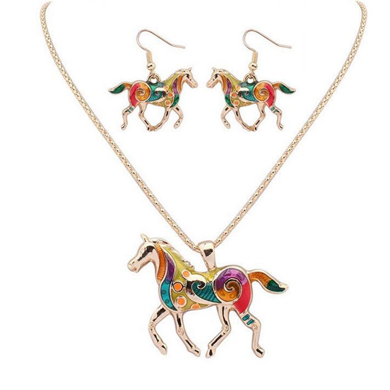 YINLI Charms Enamel Rainbow Horse Pendant Necklace Earrings Jewelry Sets Gold Plated (Gold) - Image 1